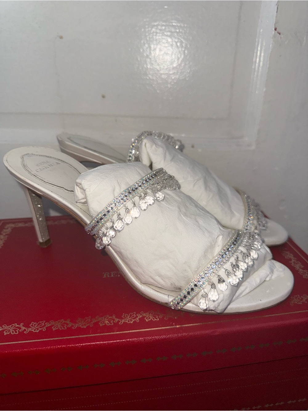 Rene Caovilla White Satin Crystal-Embellished Slide Heels